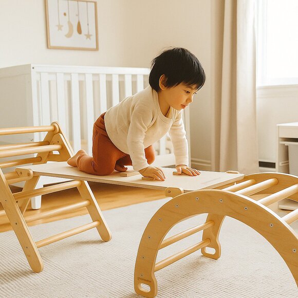 Wooden Pikler Triangle With Rocker & Slide + Ramp | Wooden Climbing Gym Set - Picture 3 of 5